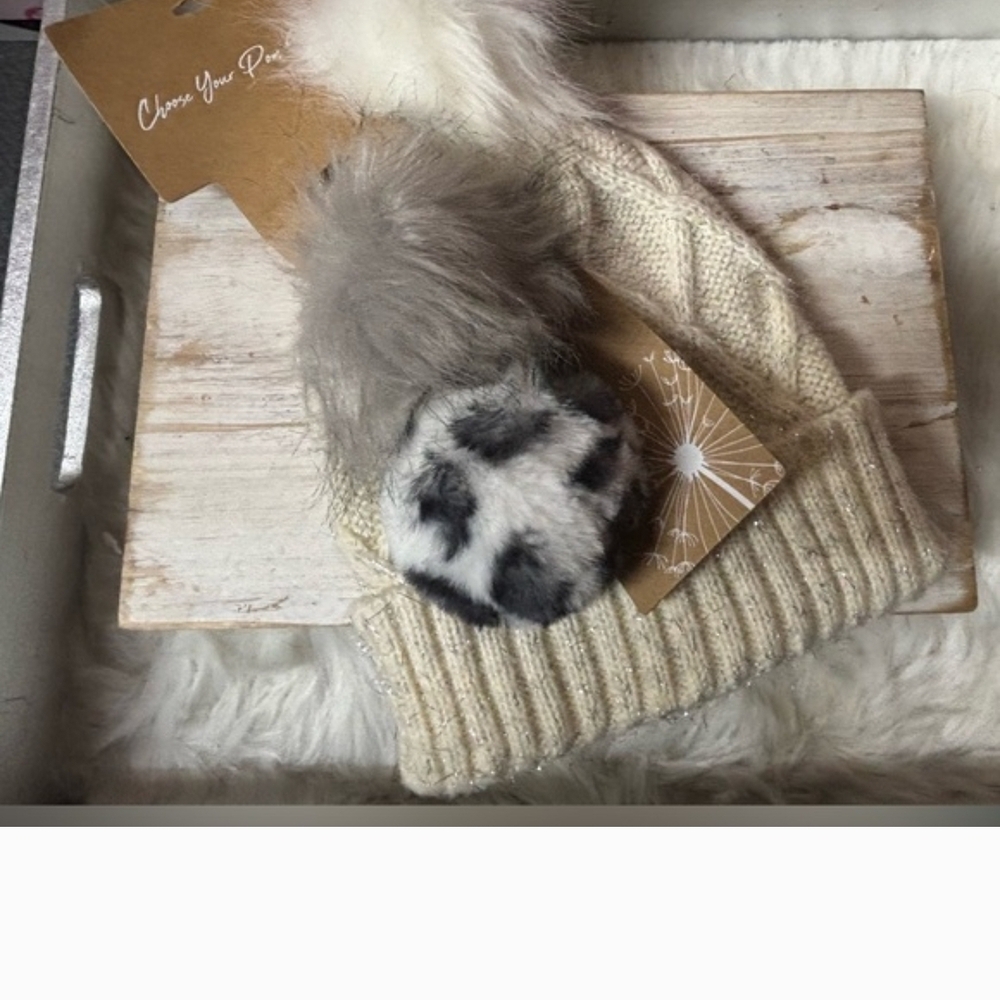 CC BEANIES Cream and Gray Beanie with Replaceable Pom Pom